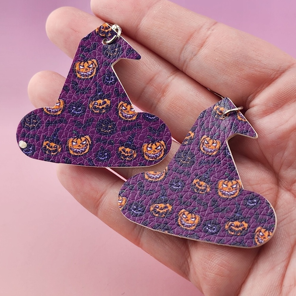 Purple Witch Hat Earrings Jack O Lantern Pumpkin Halloween Gothic Statement